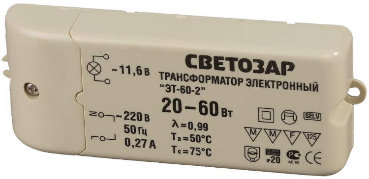 Трансформатор СВЕТОЗАР электронный для галогенных ламп напряжением 12В, вход/выход с одной стороны, 20-60Вт