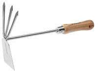 Мотыжка ЗУБР "ЭКСПЕРТ" комбинированная из нерж. стали, деревянная ручка из ясеня, прямое лезвие + 3 зубца, 190х80х330мм