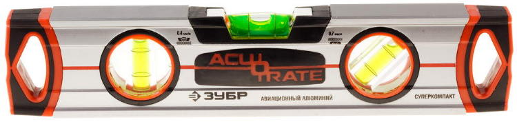 Уровень ЗУБР "ТОРПЕДО" "ACURATE 4" фрезерованный, особопрочный профиль из авиационного алюминия, 3 ампулы, 25см