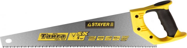 Ножовка STAYER "MASTER" "ТАЙГА" по дереву, пластиковая ручка, прямой крупный зуб, 5 TPI (5мм), 450мм