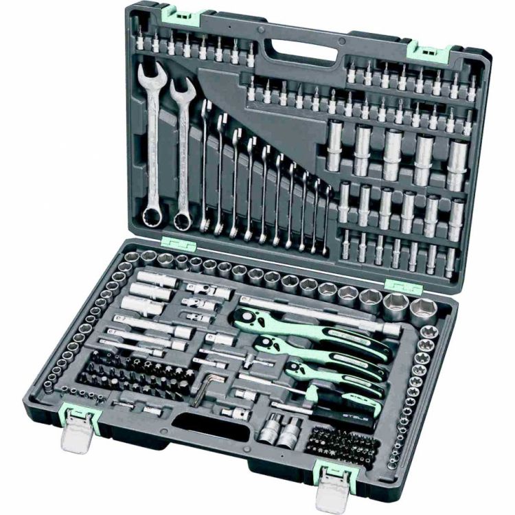 Набор инструмента, 1/4", 3/8", 1/2", Cr-V, S2, усиленный кейс, 216 предм. STELS Набор инструмента, 1/4", 3/8", 1/2", Cr-V, S2, усиленный кейс, 216 предм. STELS