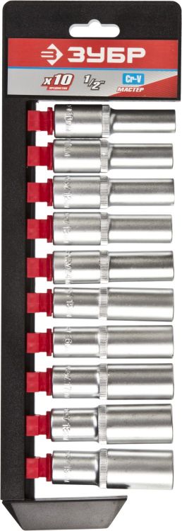 Набор ЗУБР "МАСТЕР": Торцовые головки (1/2") удлиненные на пластиковом рельсе, Cr-V, 10-19мм, 10 предметов