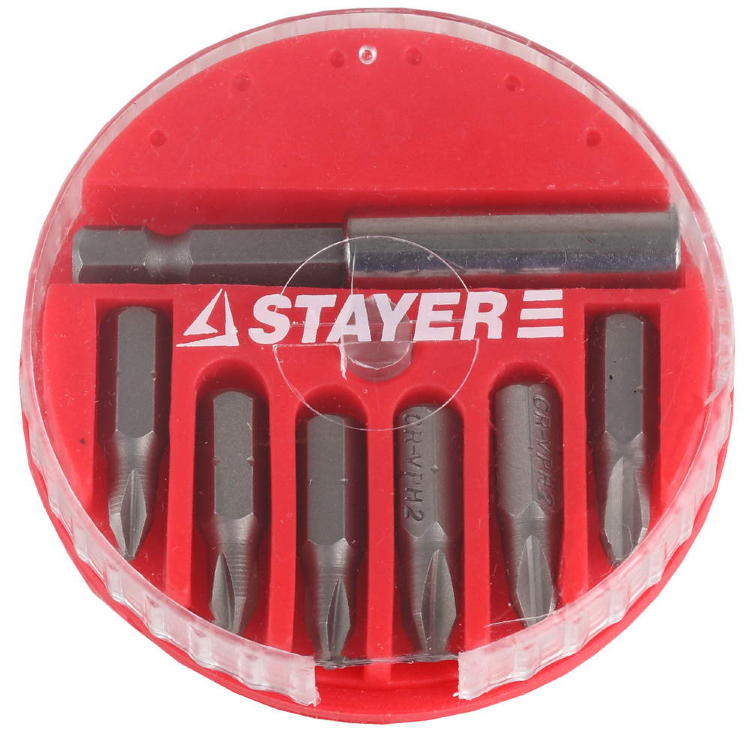 Набор STAYER Биты "MASTER" с магнитным адаптером в круглом мини-боксе, PH1 (2шт), PH2 (3шт), PH3 (1шт), 7 пред