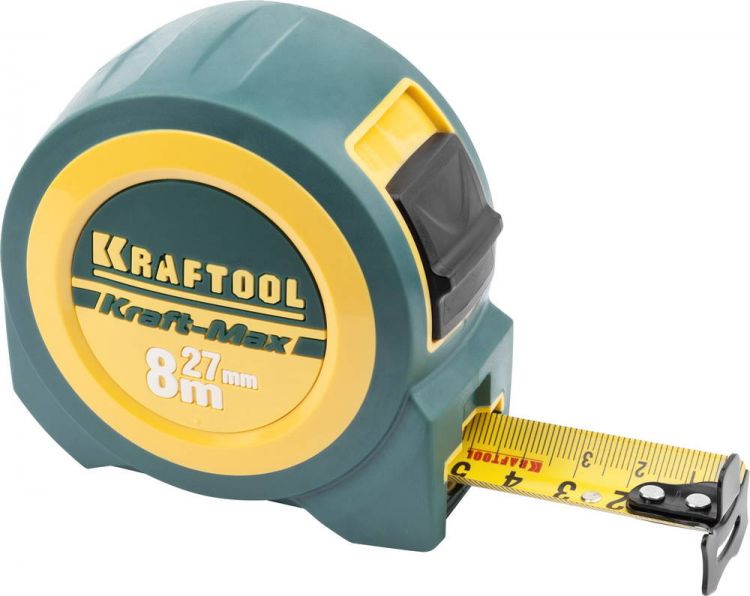 Рулетка KRAFTOOL "PRO" "Kraft-Max", длинный вылет, нейлон покрытие, упрочненный двухкомп корпус, 8м/27мм